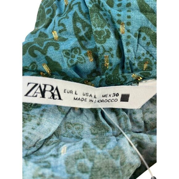 Zara Womens Mini Dress L Green Metallic Thread Dotted Mesh Tiered 2587/055 NWOT - Picture 6 of 9